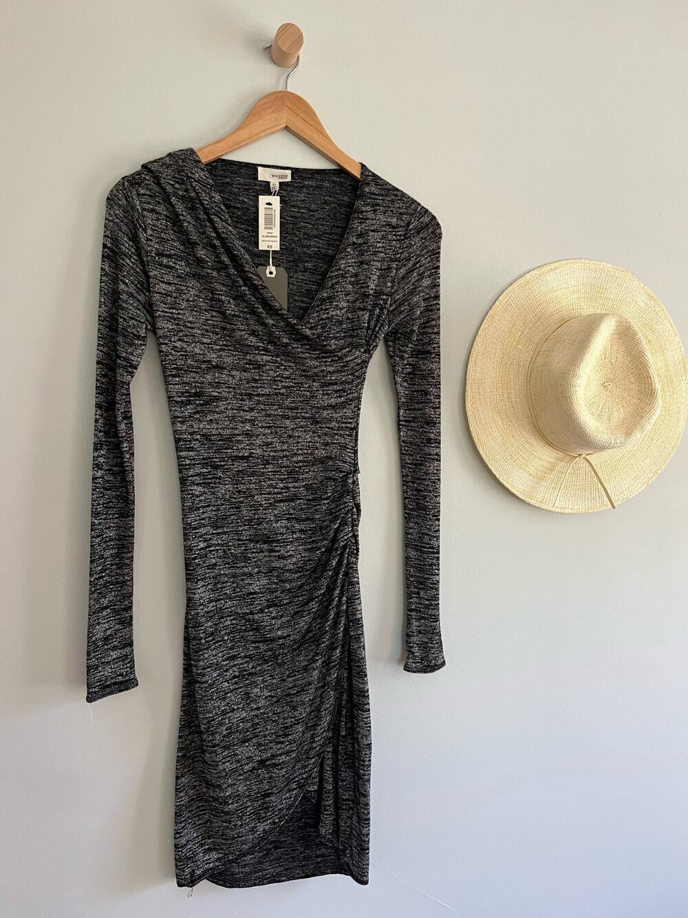 Wilfred Free | NWT Klum Dress Heather Gray Black Ruched Long Sleeve | Size XS